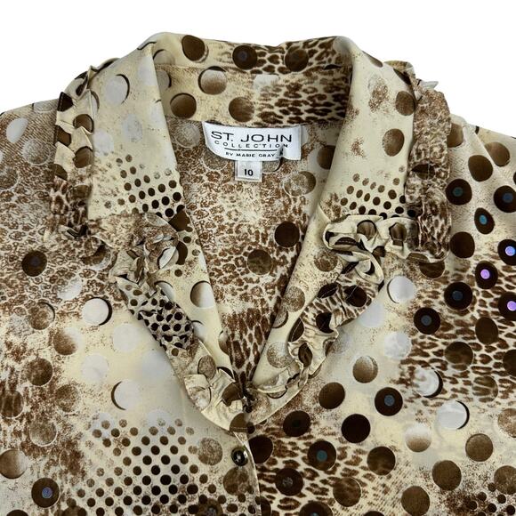 St. John Collection Blouse Sz 10 Ruffled Collar 3/4 Sleeve Marie Gray Embellish - Picture 7 of 16